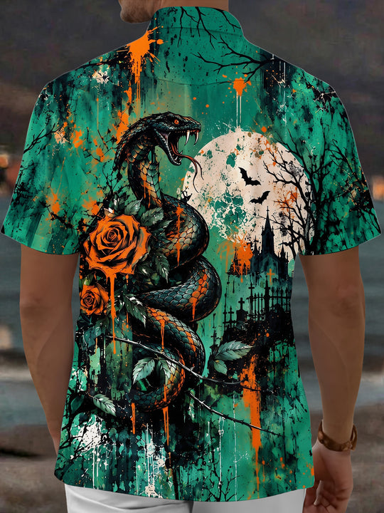 Adaychic Men's Short Sleeve Shirt - Halloween Snake And Roses With Graveyard Print with Chest Pocket