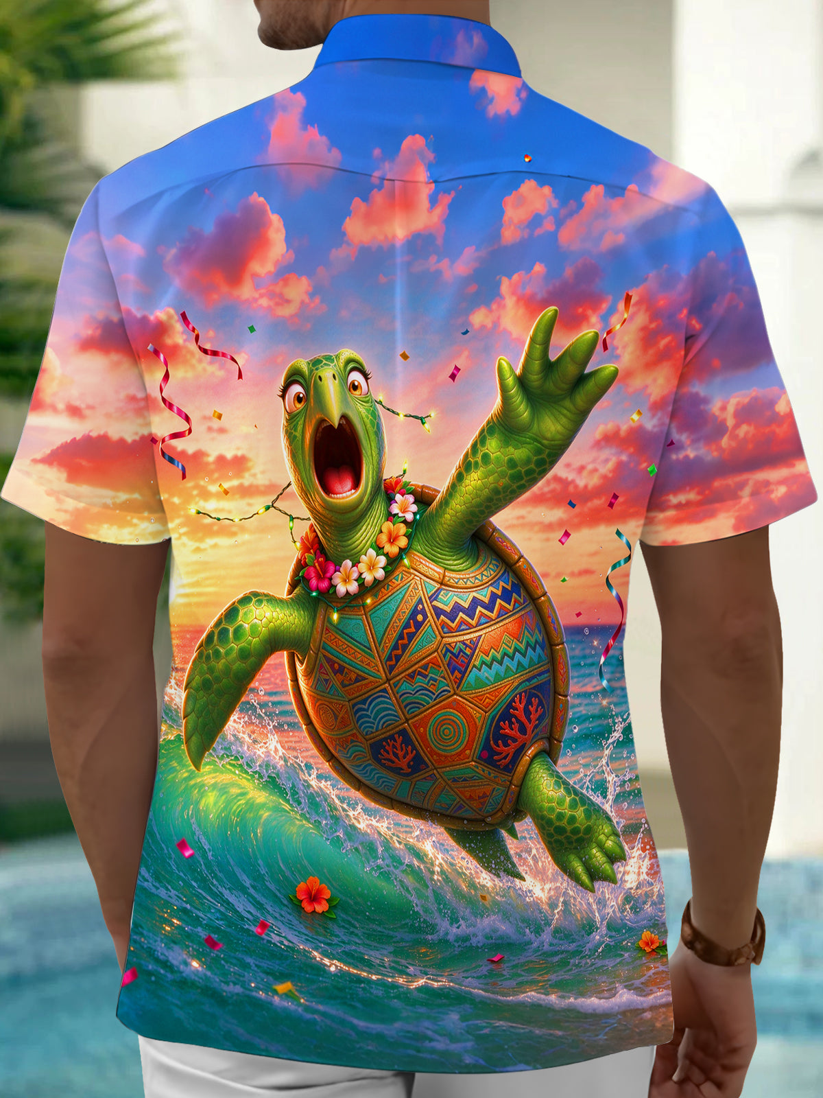 Adaychic Men's Short Sleeve Shirt - Animated Turtle With Hawaiian Lei And Sunset Seascape Print with Chest Pocket
