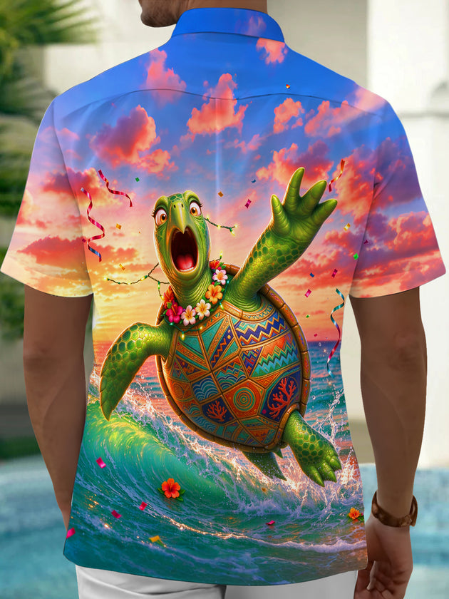 Adaychic Men's Short Sleeve Shirt - Animated Turtle With Hawaiian Lei And Sunset Seascape Print with Chest Pocket