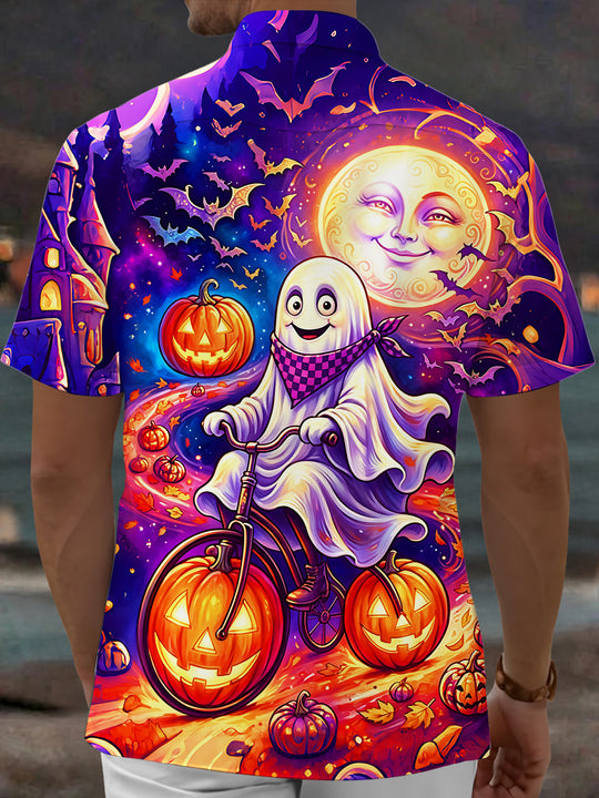 Adaychic Men's Short Sleeve Shirt - Halloween Ghost Riding Bicycle With Pumpkins Print with Chest Pocket