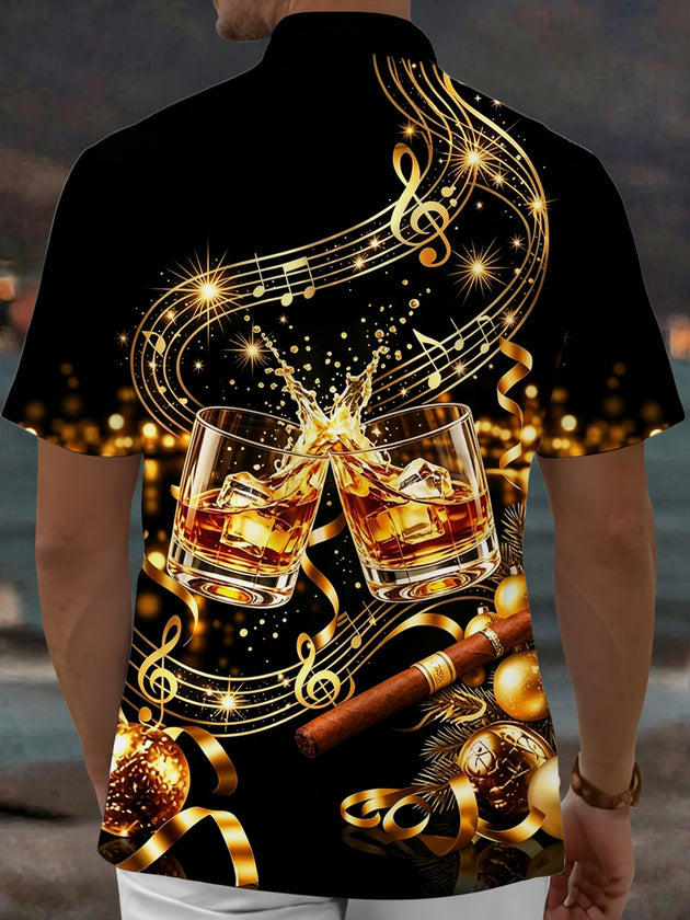 Adaychic Men's Short Sleeve Shirt - Cigar And Christmas Ornaments Print Whiskey Glasses And Music Notes Print with Chest Pocket