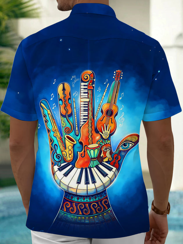 Adaychic Men's Graphic Musical Instruments Palm Tree Print Short Sleeve Shirt with Chest Pocket