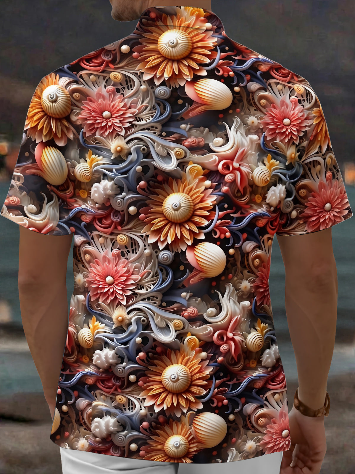 Adaychic Men's Hawaiian 3D Relief Floral Print Short Sleeve Shirt with Chest Pocket