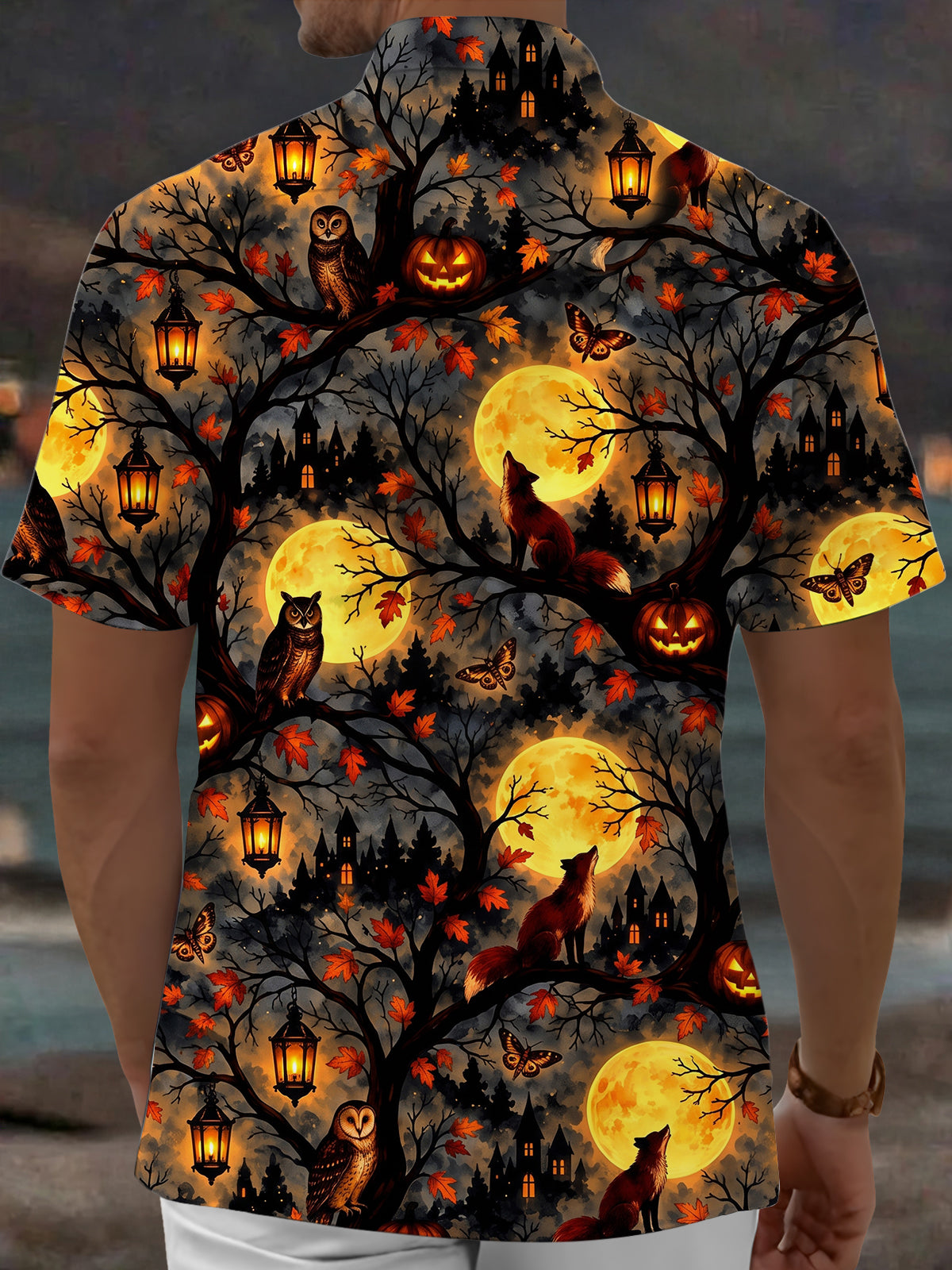 Adaychic Men's Short Sleeve Shirt - Halloween Foxes And Owls In Moonlit Forest Print with Chest Pocket