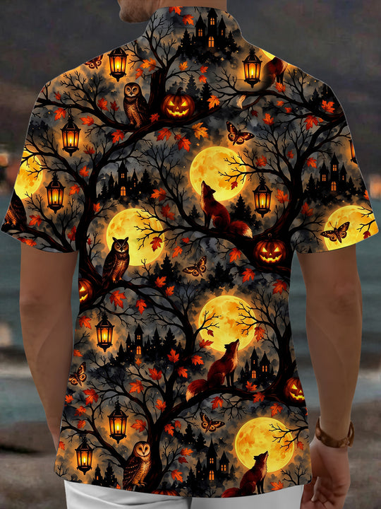 Adaychic Men's Short Sleeve Shirt - Halloween Foxes And Owls In Moonlit Forest Print with Chest Pocket