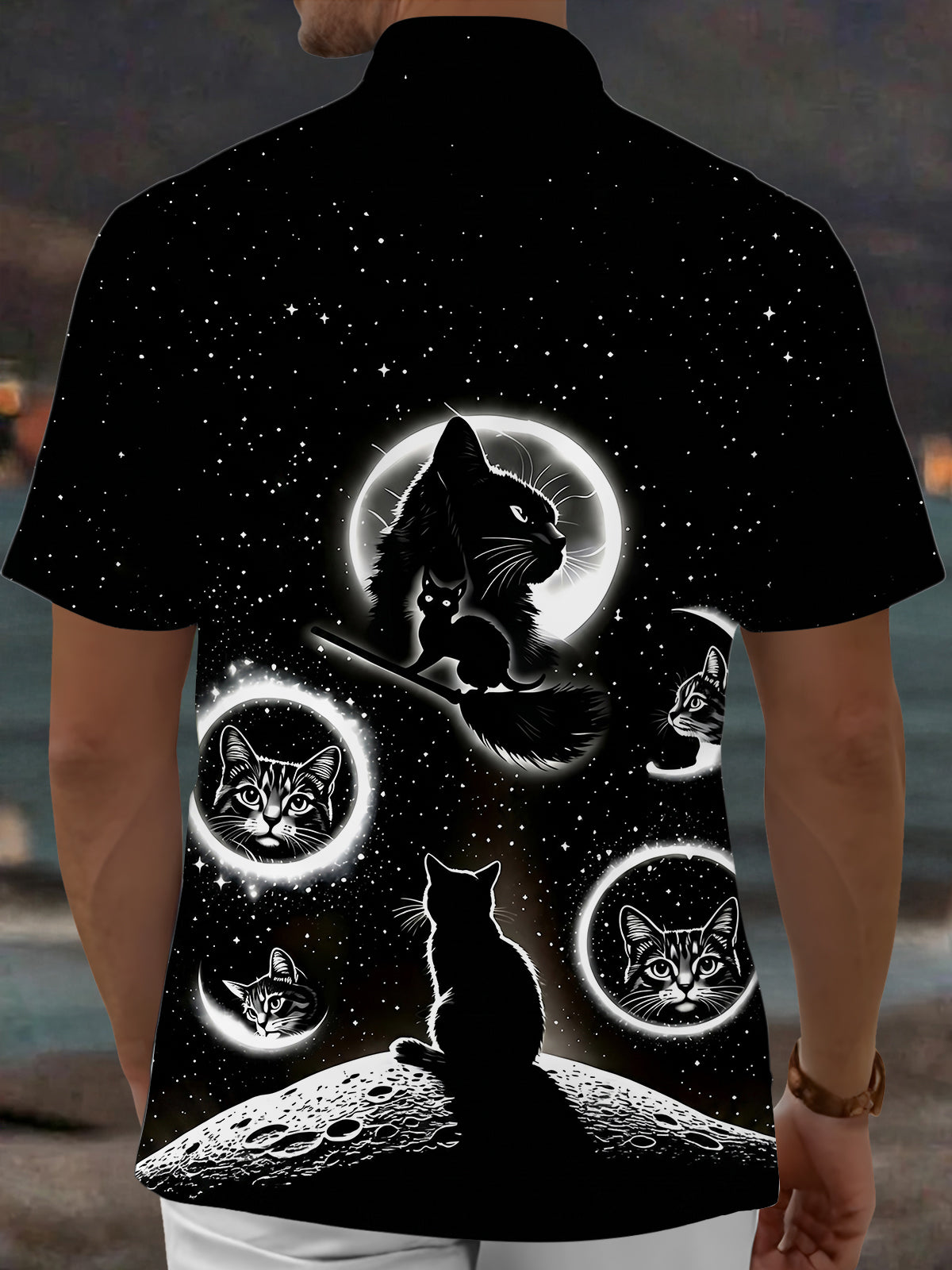 Adaychic Men's Graphic Black Cat Space Print Short Sleeve Shirt with Chest Pocket