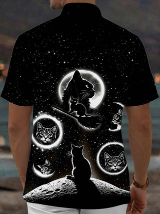 Adaychic Men's Graphic Black Cat Space Print Short Sleeve Shirt with Chest Pocket