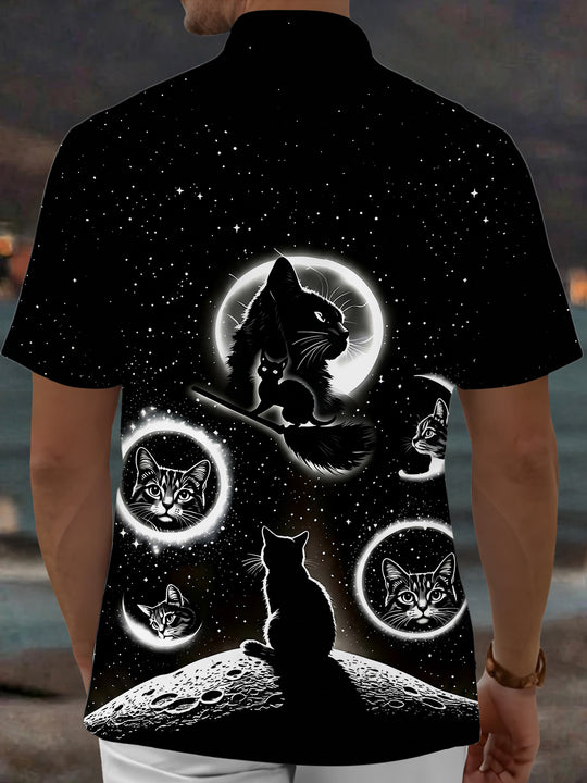 Adaychic Men's Graphic Black Cat Space Print Short Sleeve Shirt with Chest Pocket