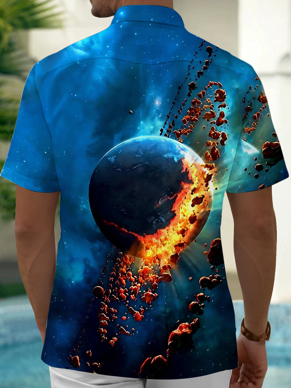 Adaychic Men's 3D Explosion Planet Print Short Sleeve Shirt with Chest Pocket