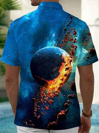 Adaychic Men's 3D Explosion Planet Print Short Sleeve Shirt with Chest Pocket
