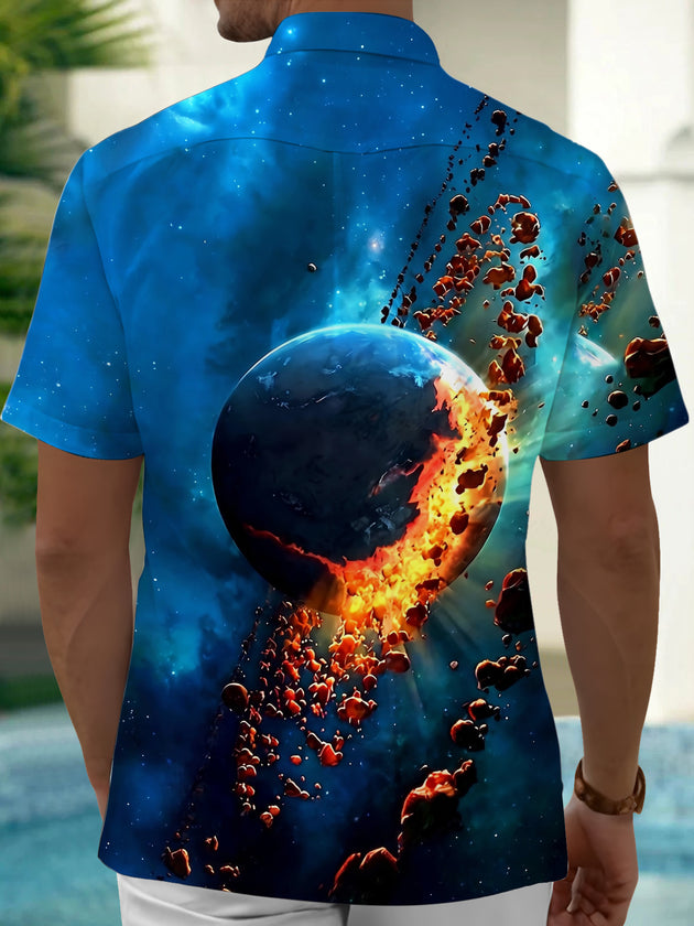 Adaychic Men's 3D Explosion Planet Print Short Sleeve Shirt with Chest Pocket