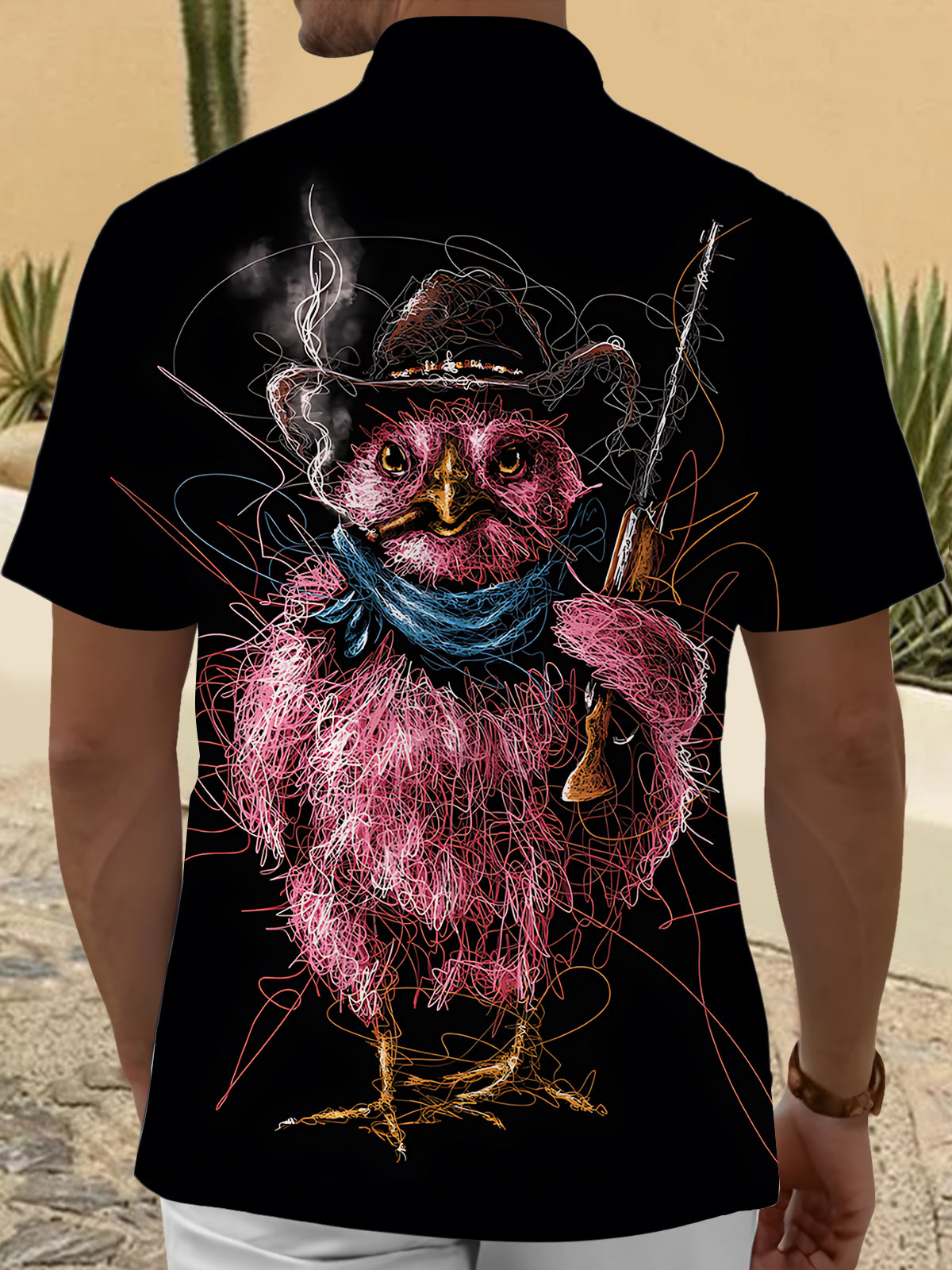 Adaychic Men's Graphic Western Cowboy Owl Print Short Sleeve Shirt with Chest Pocket
