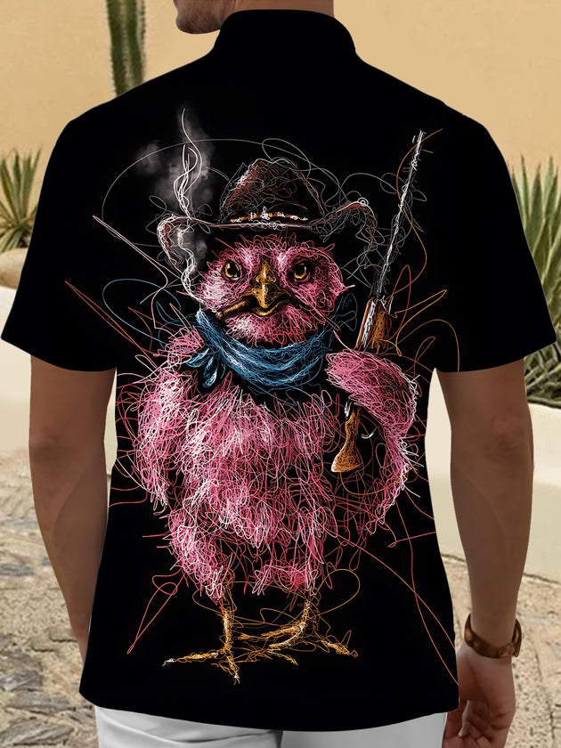 Adaychic Men's Graphic Western Cowboy Owl Print Short Sleeve Shirt with Chest Pocket