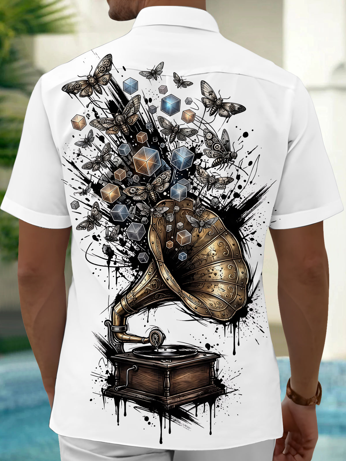 Adaychic Men's Vintage Gramophone Print Short Sleeve Shirt with Chest Pocket