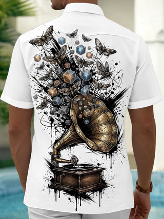 Adaychic Men's Vintage Gramophone Print Short Sleeve Shirt with Chest Pocket