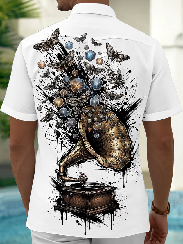 Adaychic Men's Vintage Gramophone Print Short Sleeve Shirt with Chest Pocket