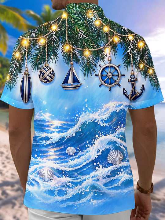 Adaychic Men's Short Sleeve Shirt - Christmas Pine Branches And Nautical Ornaments Print with Chest Pocket