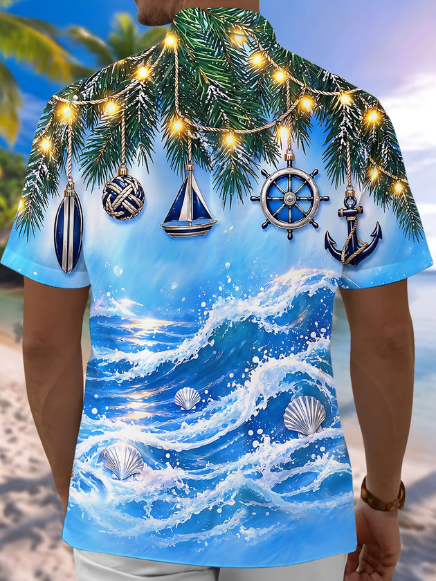 Adaychic Men's Short Sleeve Shirt - Christmas Pine Branches And Nautical Ornaments Print with Chest Pocket