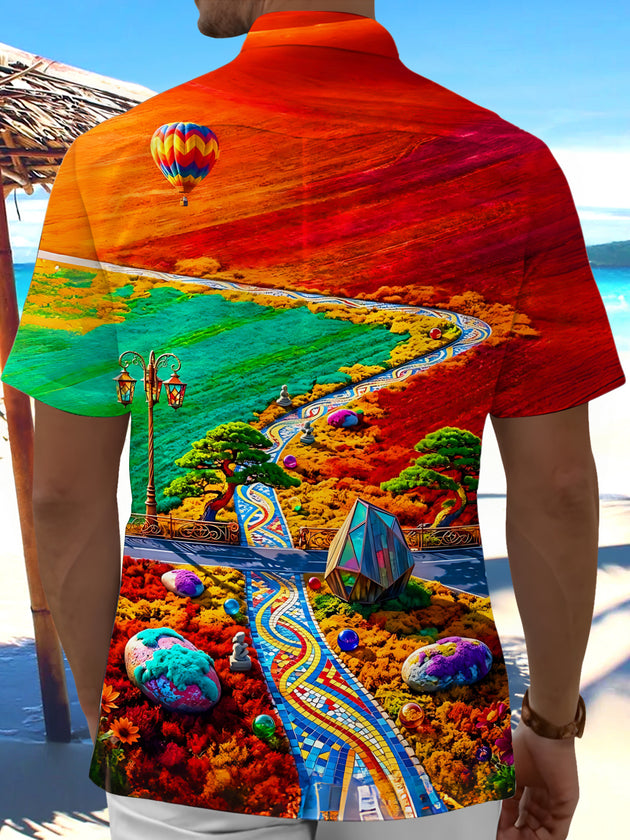 Adaychic Men's Graphic Hot Air Balloon Landscape Print Short Sleeve Shirt with Chest Pocket