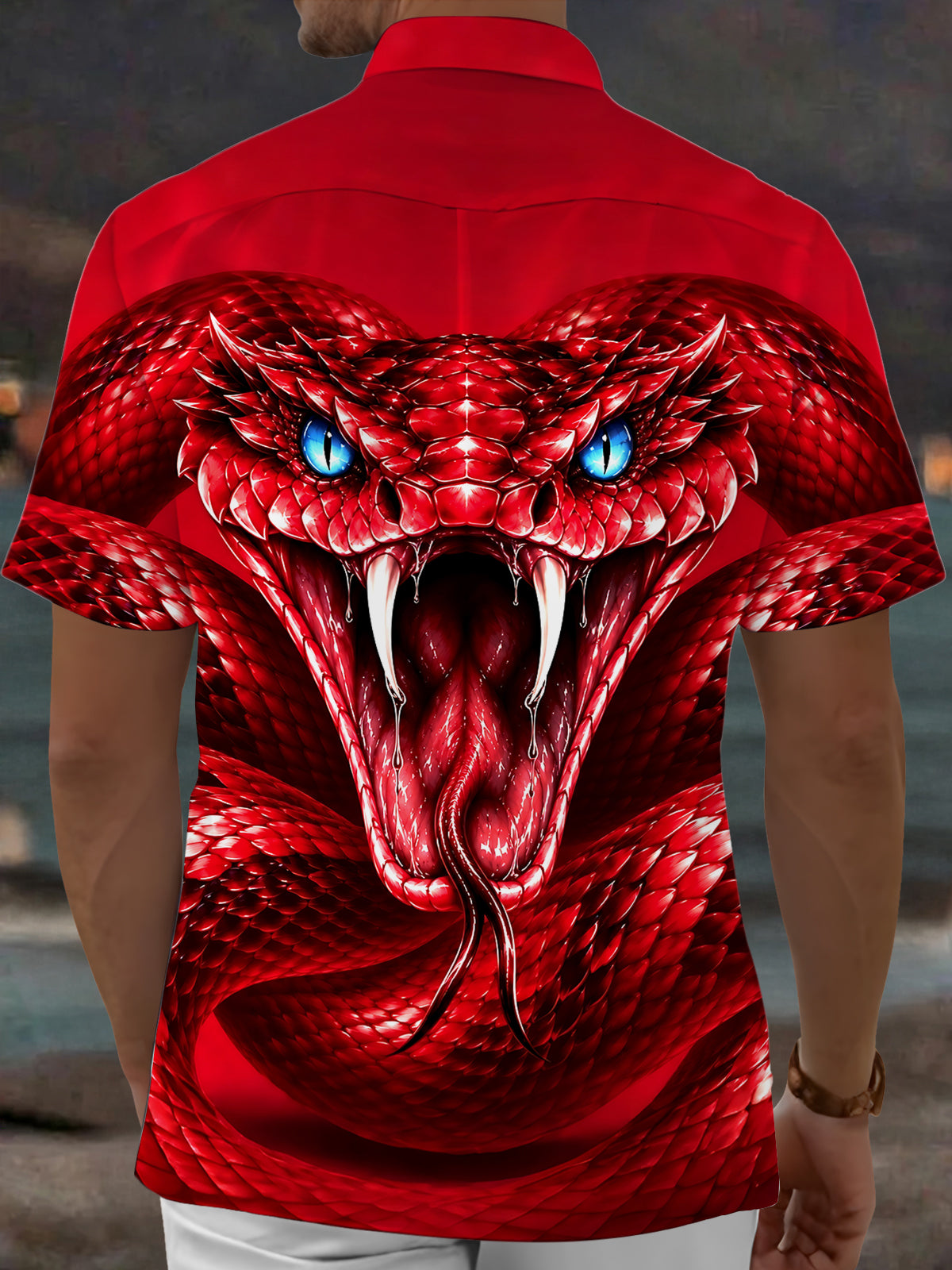 Adaychic Men's Graphic Red Snake Head Print Blue Eyes Print Short Sleeve Shirt