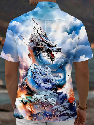 Adaychic Men's Hawaiian Chinese Dragon Print Clouds Print Short Sleeve Shirt with Chest Pocket