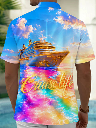 Adaychic Men's Graphic Cruise Ship Ocean Print Short Sleeve Button Down Shirt with Chest Pocket