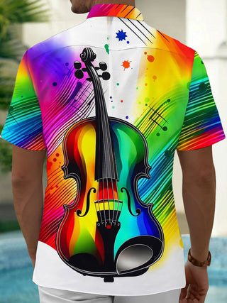 Adaychic Men's Graphic Rainbow Violin Print Short Sleeve Shirt with Chest Pocket