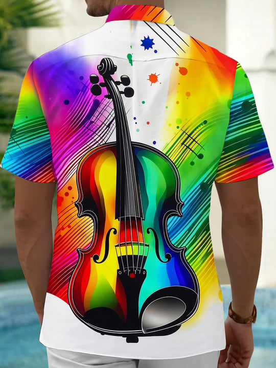 Adaychic Men's Graphic Rainbow Violin Print Short Sleeve Shirt with Chest Pocket