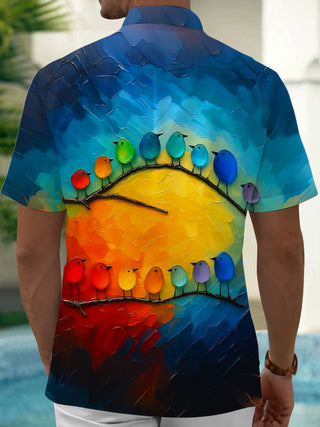 Adaychic Men's Printed Colorful Birds On Branch Print Short Sleeve Shirt with Chest Pocket