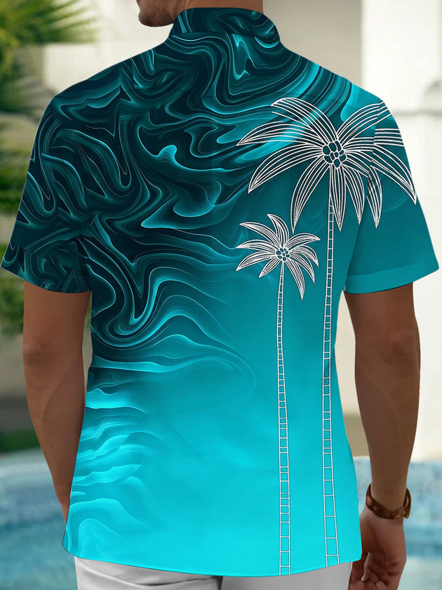 Adaychic Men's Hawaiian Palm Tree Outline Print Short Sleeve Shirt with Chest Pocket