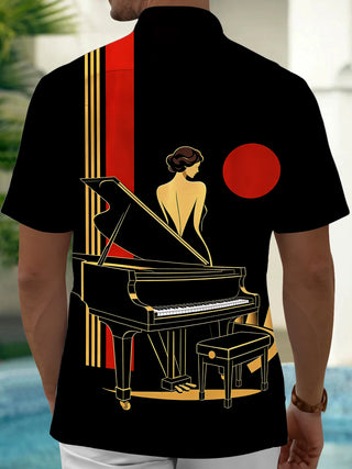 Adaychic Men's Retro Piano Player Print Grand Piano Print Short Sleeve Shirt with Chest Pocket
