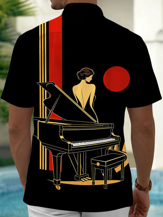 Adaychic Men's Retro Piano Player Print Grand Piano Print Short Sleeve Shirt with Chest Pocket