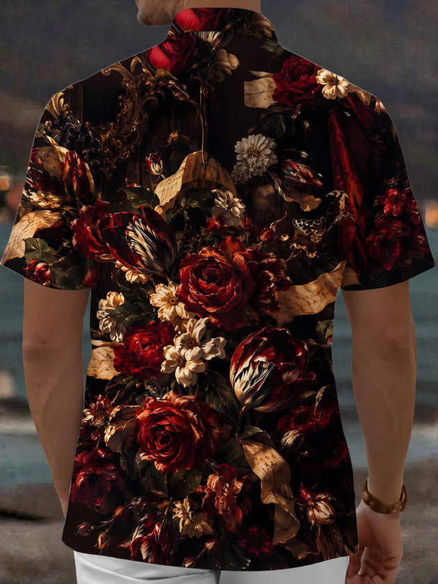 Adaychic Men's Vintage Style Dark Floral Bouquet Print Short Sleeve Shirt with Chest Pocket