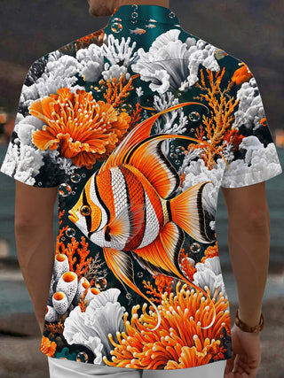 Adaychic Men's Hawaiian Tropical Fish And Coral Reef Print Short Sleeve Shirt