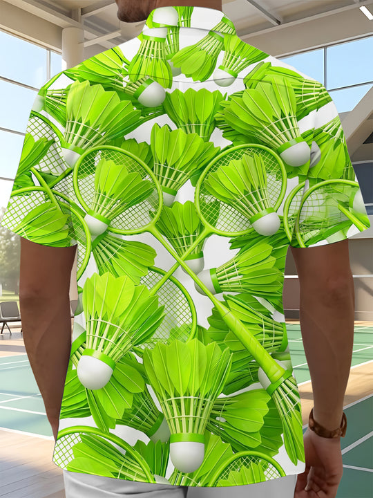 Adaychic Men's Hawaiian Badminton Racket Print Short Sleeve Shirt with Chest Pocket