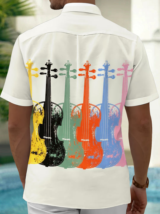 Adaychic Men's Printed Colorful Violin Print Short Sleeve Shirt with Chest Pocket
