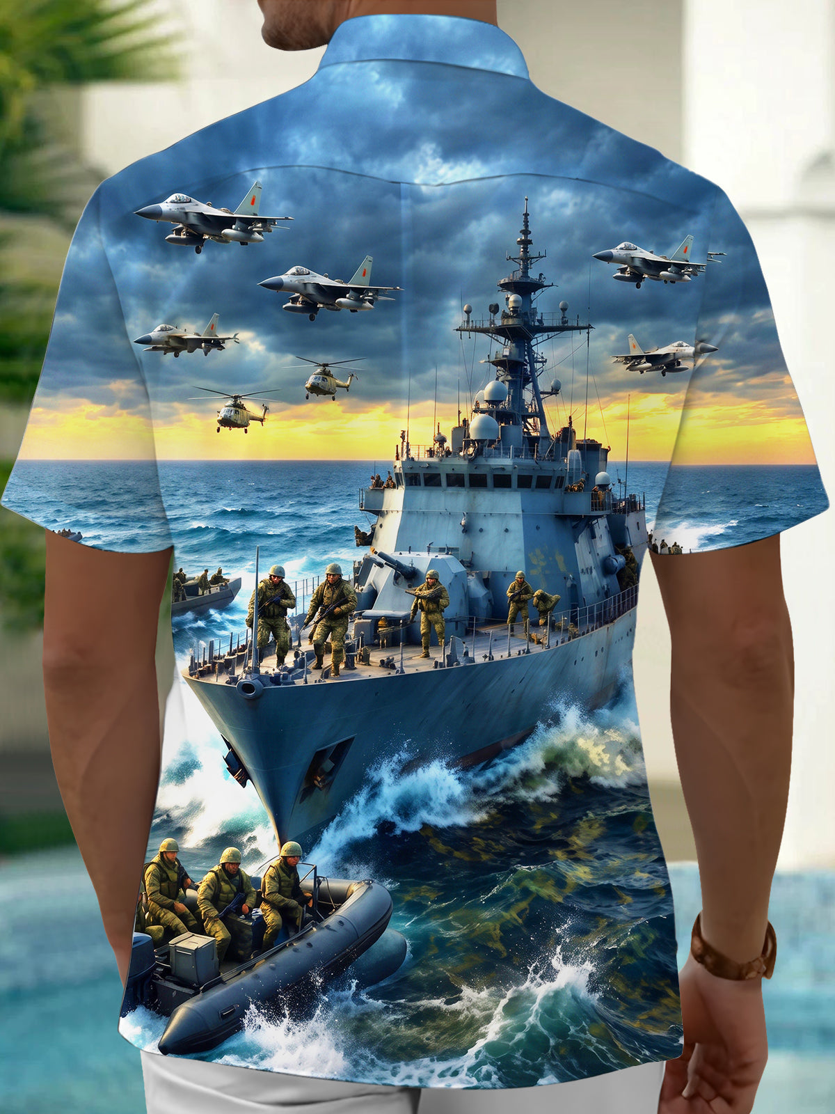 Adaychic Men's Navy Warship And Fighter Jets Print Short Sleeve Shirt with Chest Pocket