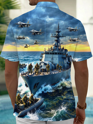 Adaychic Men's Navy Warship And Fighter Jets Print Short Sleeve Shirt with Chest Pocket