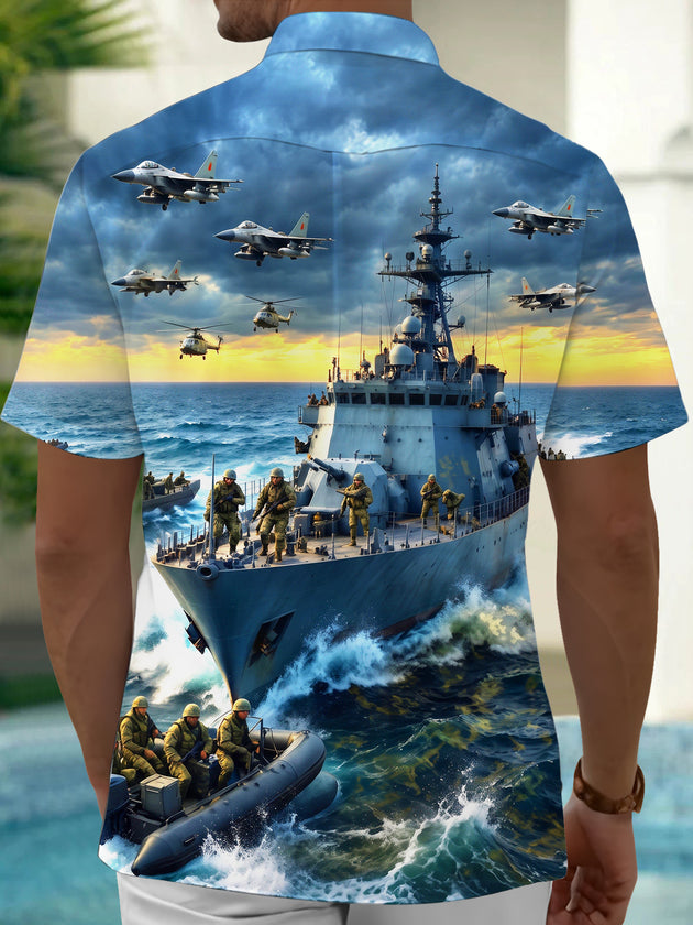 Adaychic Men's Navy Warship And Fighter Jets Print Short Sleeve Shirt with Chest Pocket