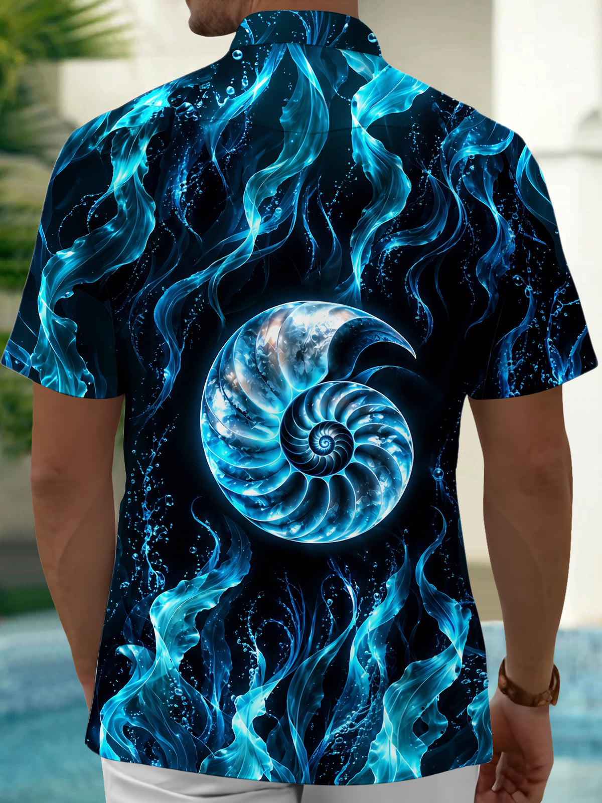 Adaychic Men's Hawaiian Nautilus Shell And Seaweed Print Short Sleeve Shirt with Chest Pocket
