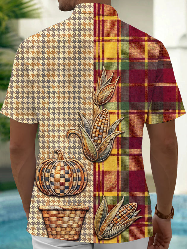 Adaychic Men's Autumn Autumn Harvest Corn And Pumpkin Print Short Sleeve Shirt with Chest Pocket