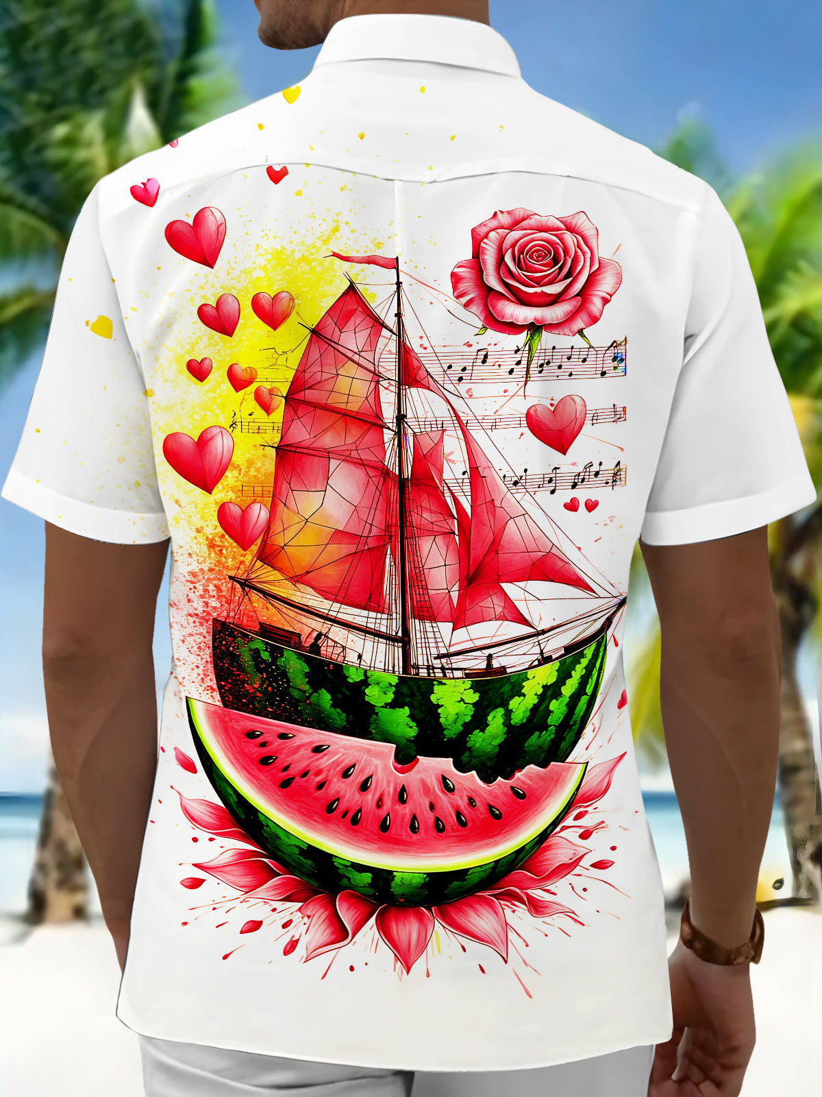 Adaychic Men's Hawaiian Watermelon Sailboat Print Short Sleeve Shirt with Chest Pocket