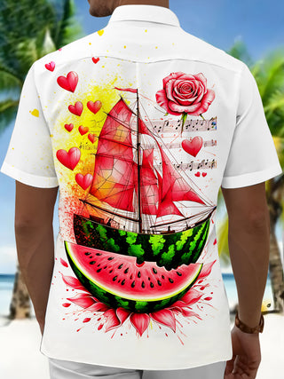 Adaychic Men's Hawaiian Watermelon Sailboat Print Short Sleeve Shirt with Chest Pocket