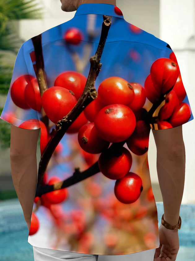 Adaychic Men's Hawaiian Red Berries On Branch Print Short Sleeve Shirt with Chest Pocket
