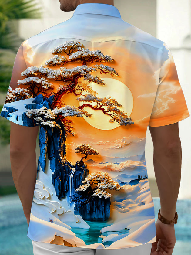 Adaychic Men's Printed Landscape With Pine Trees Print Short Sleeve Shirt with Chest Pocket
