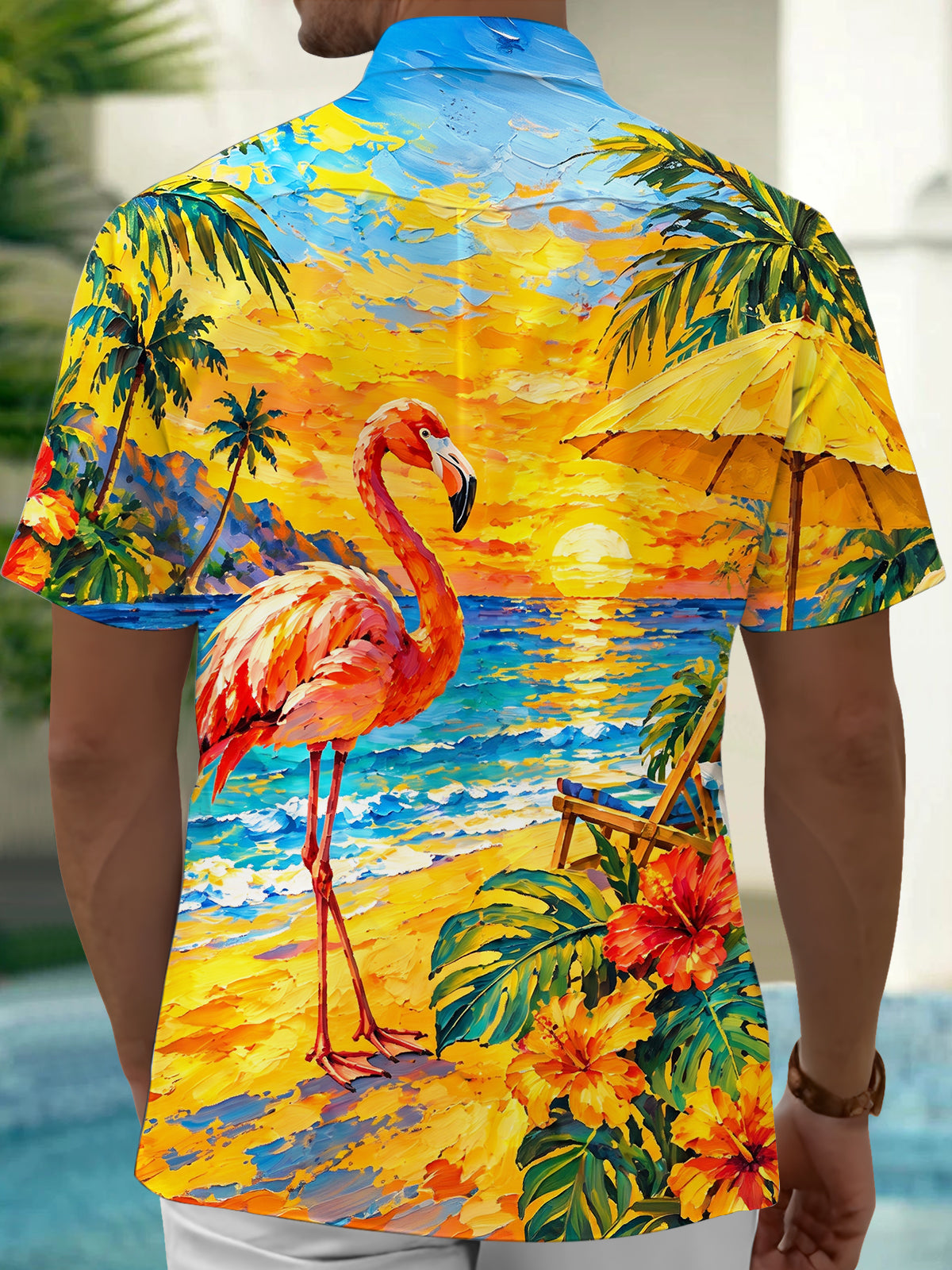 Adaychic Men's Flamingo And Palm Tree Beach Sunset Print Short Sleeve Shirt with Chest Pocket