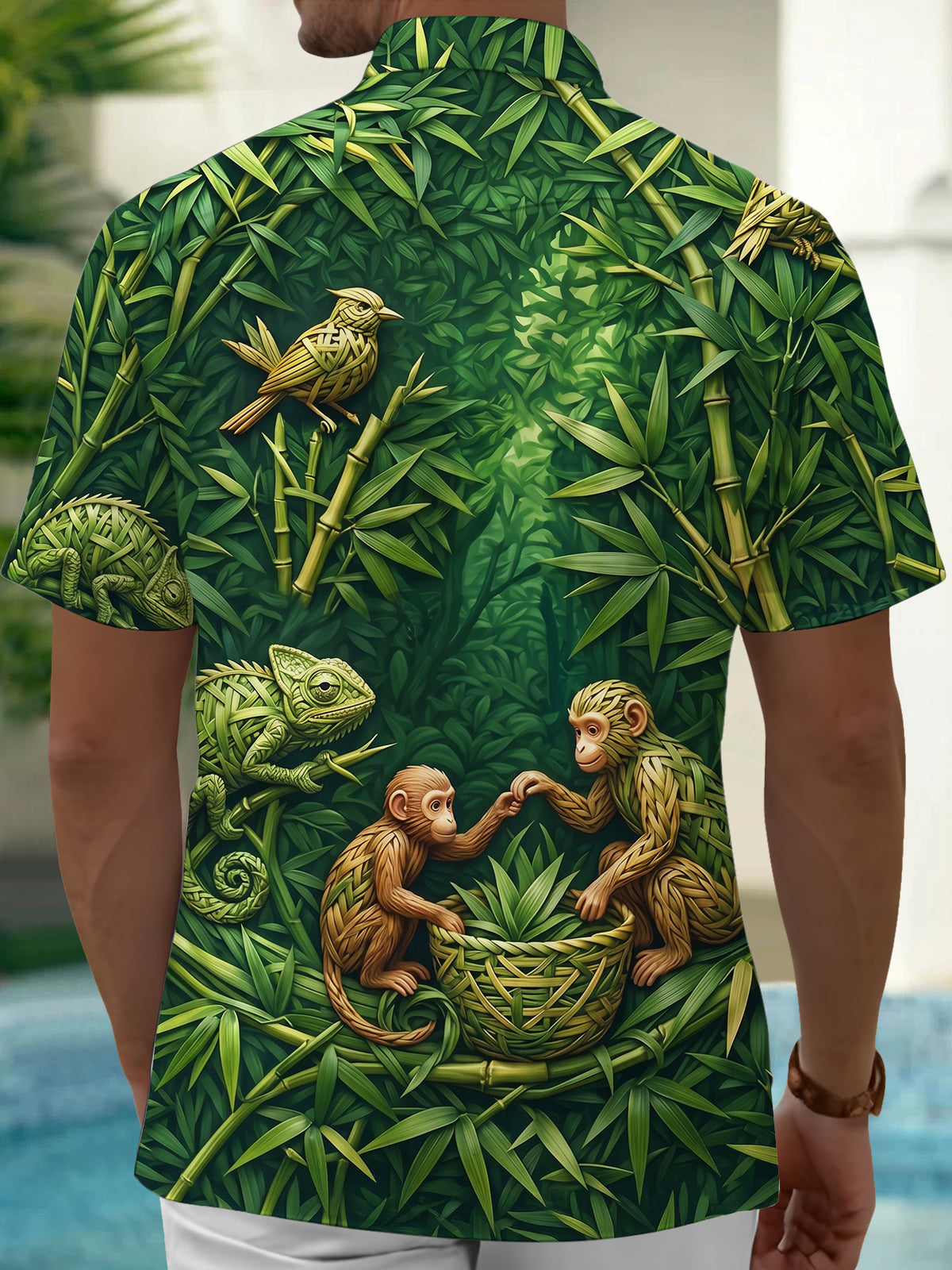 Adaychic Men's Short Sleeve Shirt - Bamboo Weave Monkeys And Chameleon Birds Print with Chest Pocket