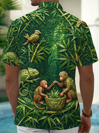 Adaychic Men's Short Sleeve Shirt - Bamboo Weave Monkeys And Chameleon Birds Print with Chest Pocket