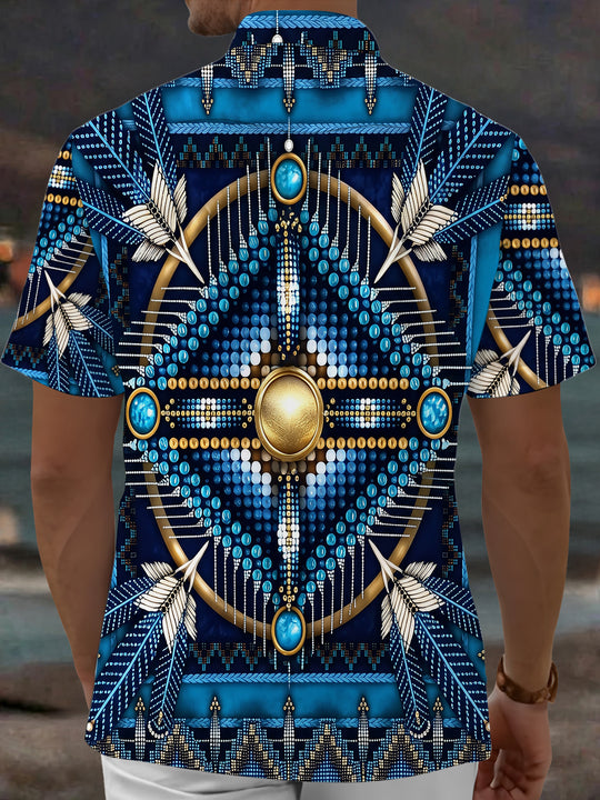 Adaychic Men's Vintage Style Feather Motif Print Short Sleeve Shirt with Chest Pocket