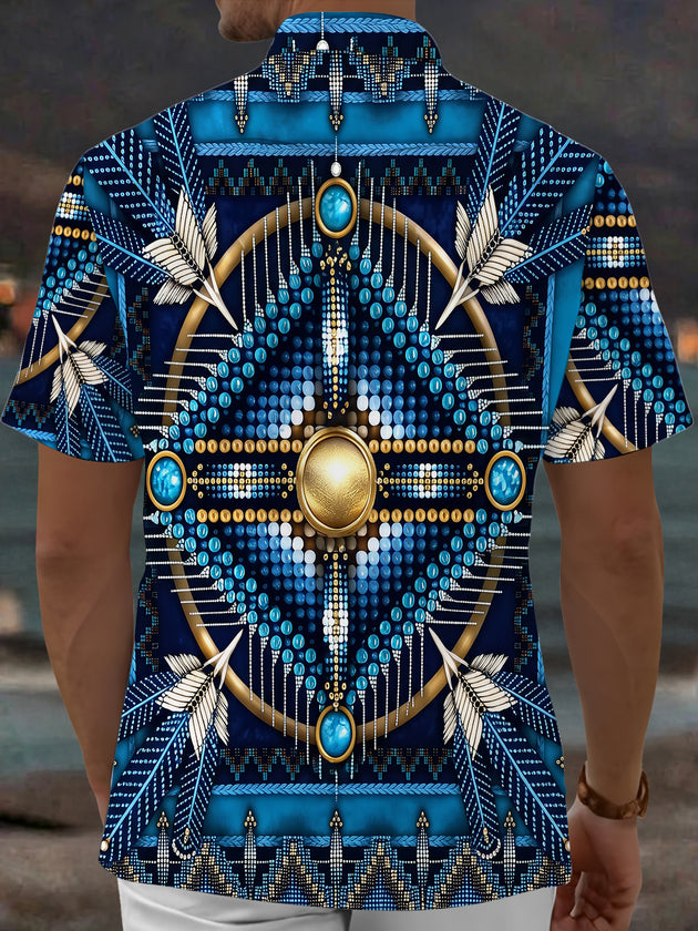 Adaychic Men's Vintage Style Feather Motif Print Short Sleeve Shirt with Chest Pocket